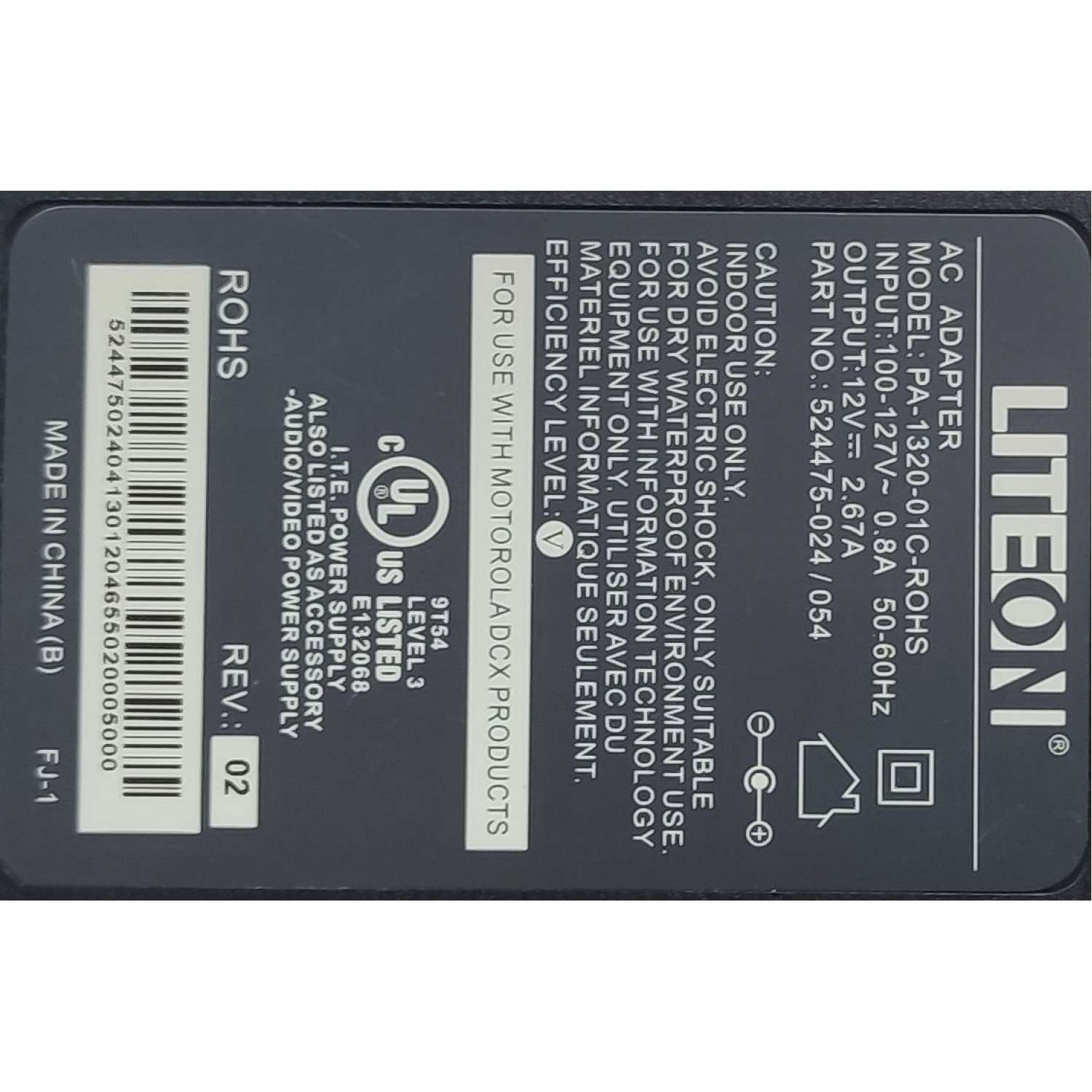 ADAPADOR AC LITEON / NUMERO DE PARTE PA-1320-01C-ROHS / 52447502404130 / INPUT: 100-127 VAC - 0.8A 50/60 HZ / OUTPUT 12 VDC 2.67 A / 524475-024/054	 - Imagen 2